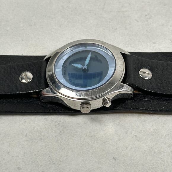 Fossil Big Tic Watch Mens 40mm Black Leather Cuff Grunge Rock New Battery - Picture 3 of 11